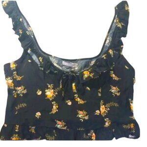 Urban outfitters black crop floral short sleeve ruffle straps top Size M NWOT
